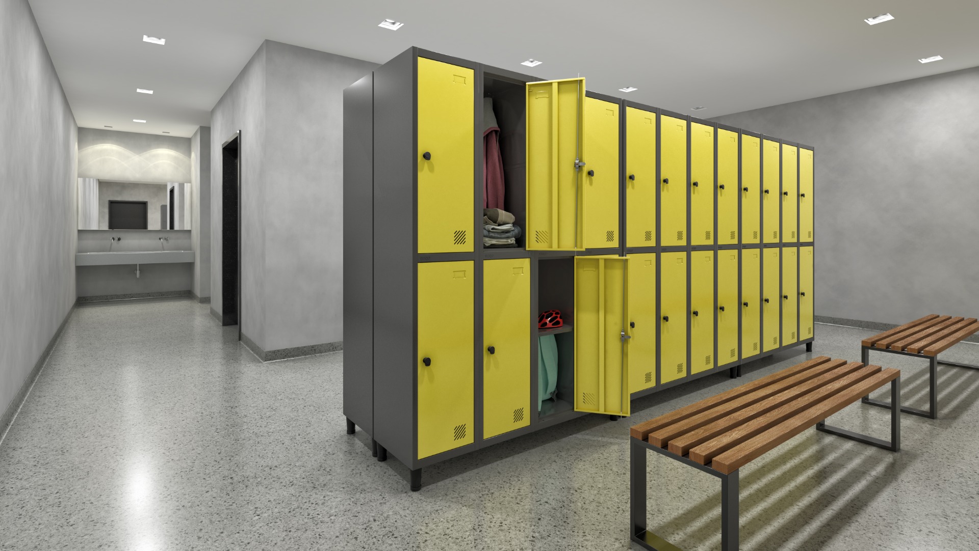 Armário de aço locker para vestiário, corpo cinza e portas amarelas