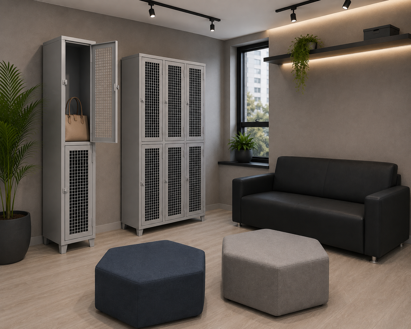 Sala para descanso com sofá preto, puffs hexagonal, armários com portas de tela.