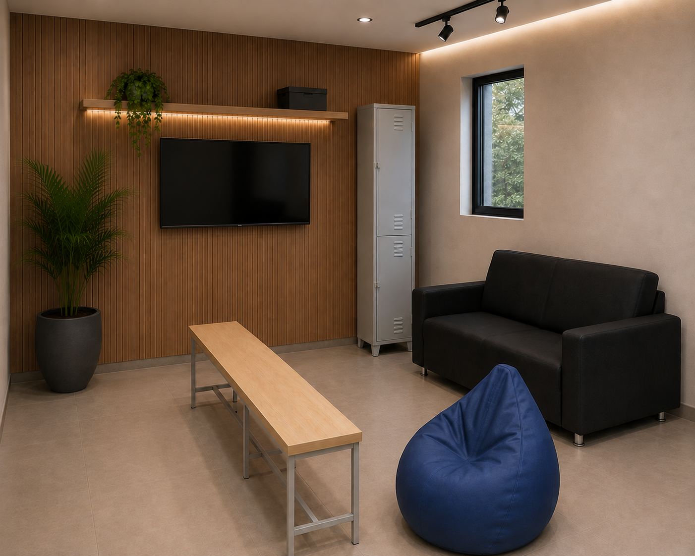 Sala descompressão moderna com sofá preto, banco para vestiário, puff pera azul, armário para vestiário com 2 portas grandes