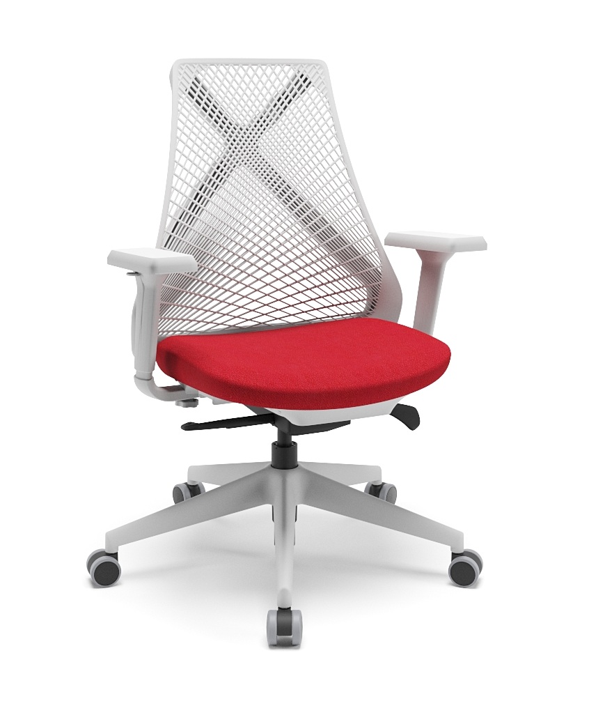 Cadeira ergonômica branca com encosto vazado e assento vermelho, base com rodízios e ajuste central.