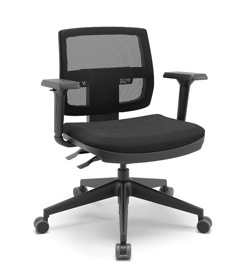 Cadeira ergonômica preta com encosto em tela e assento estofado.