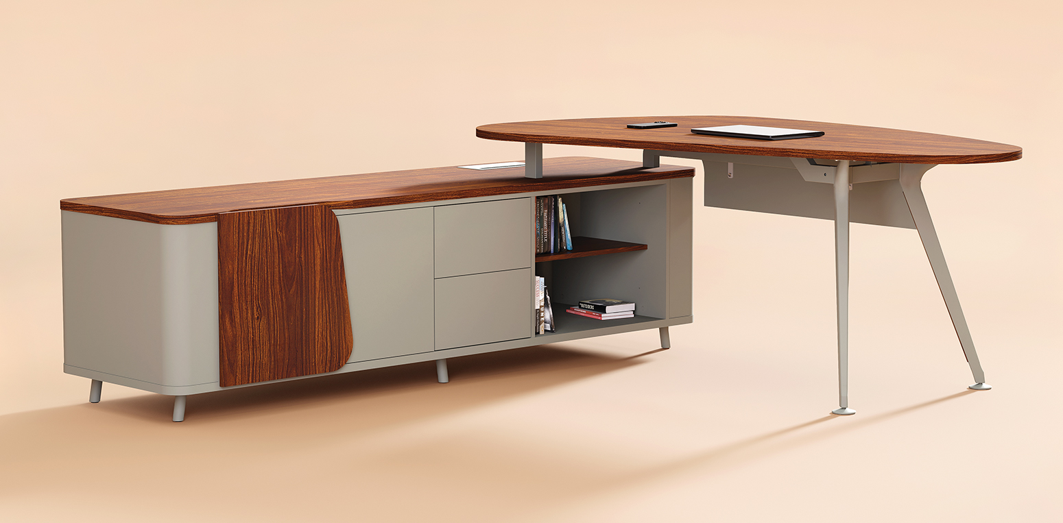 Mesa para escritório Linha Vio com tampo orgânico e estrutura metálica