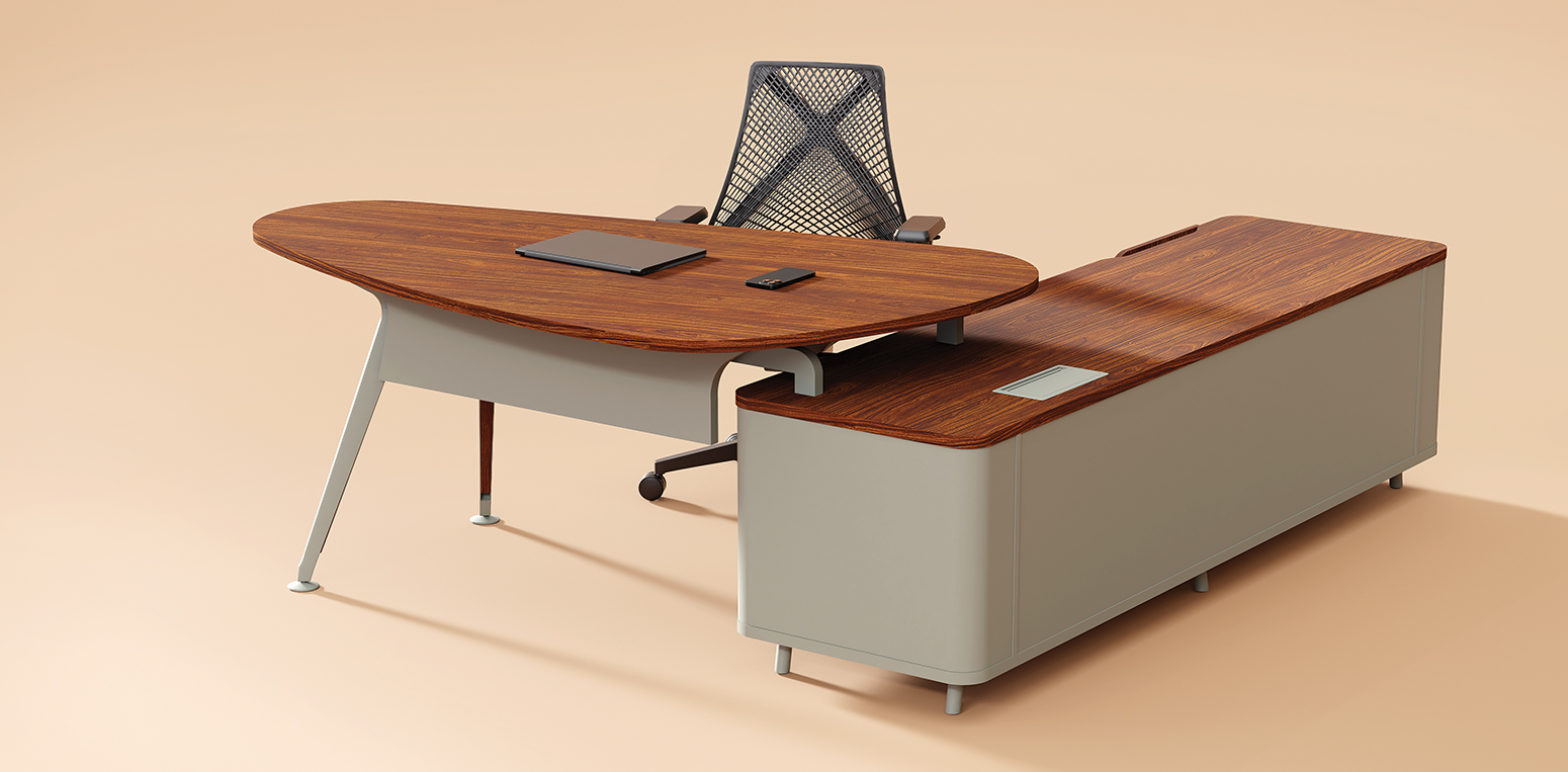 Mesa executiva para escritório Linha Vio com armário lateral