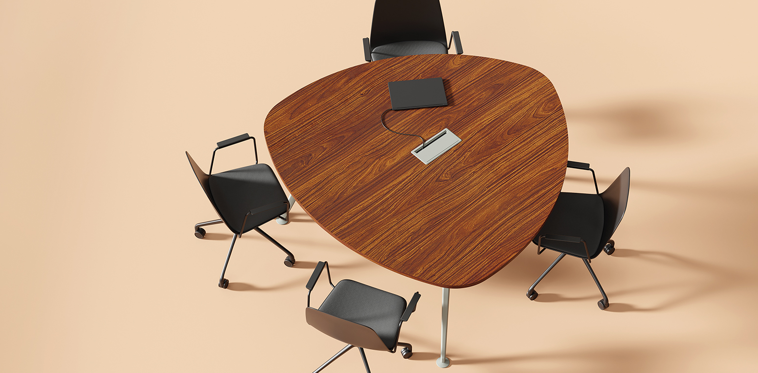 Mesa de reunião Linha Vio com tampo orgânico e conectividade integrada